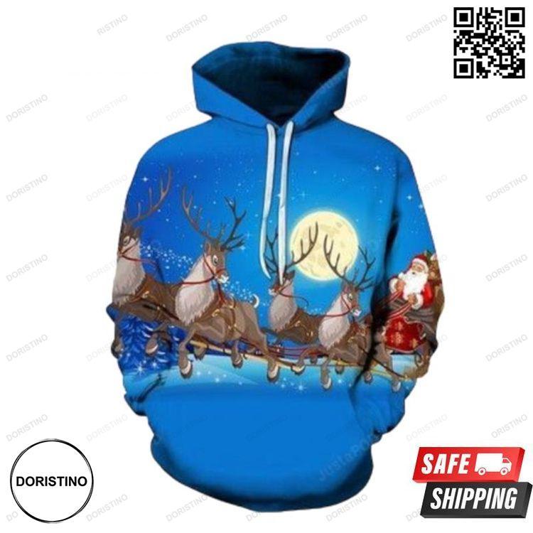 2020 Christmas And Pered Custom The Pattern Of Santa Driving Reindeer To Give Presents On Christmas Night Graphic Awesome 3D Hoodie