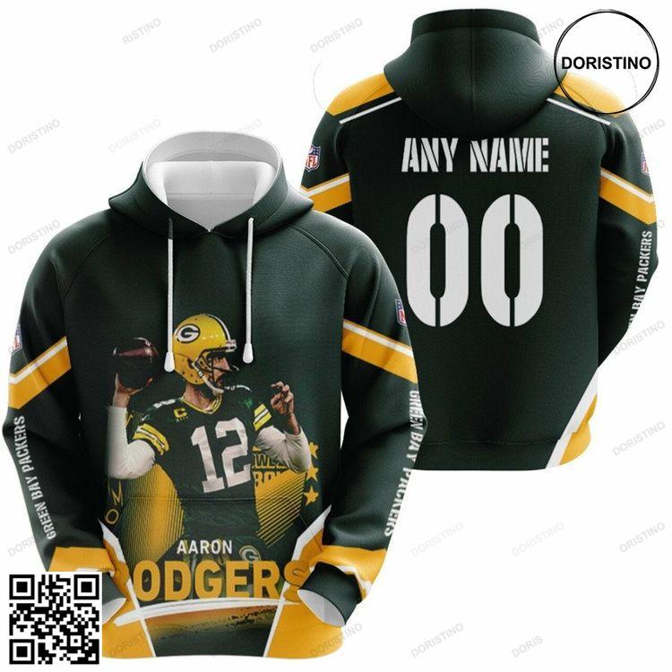 Aaron Rodgers Green Bay Packers Nfl Super Star The Leader Champions 3d Designed Allover Custom Name Number Gift For Rodgers Fans Packers Fans All Over Print Hoodie