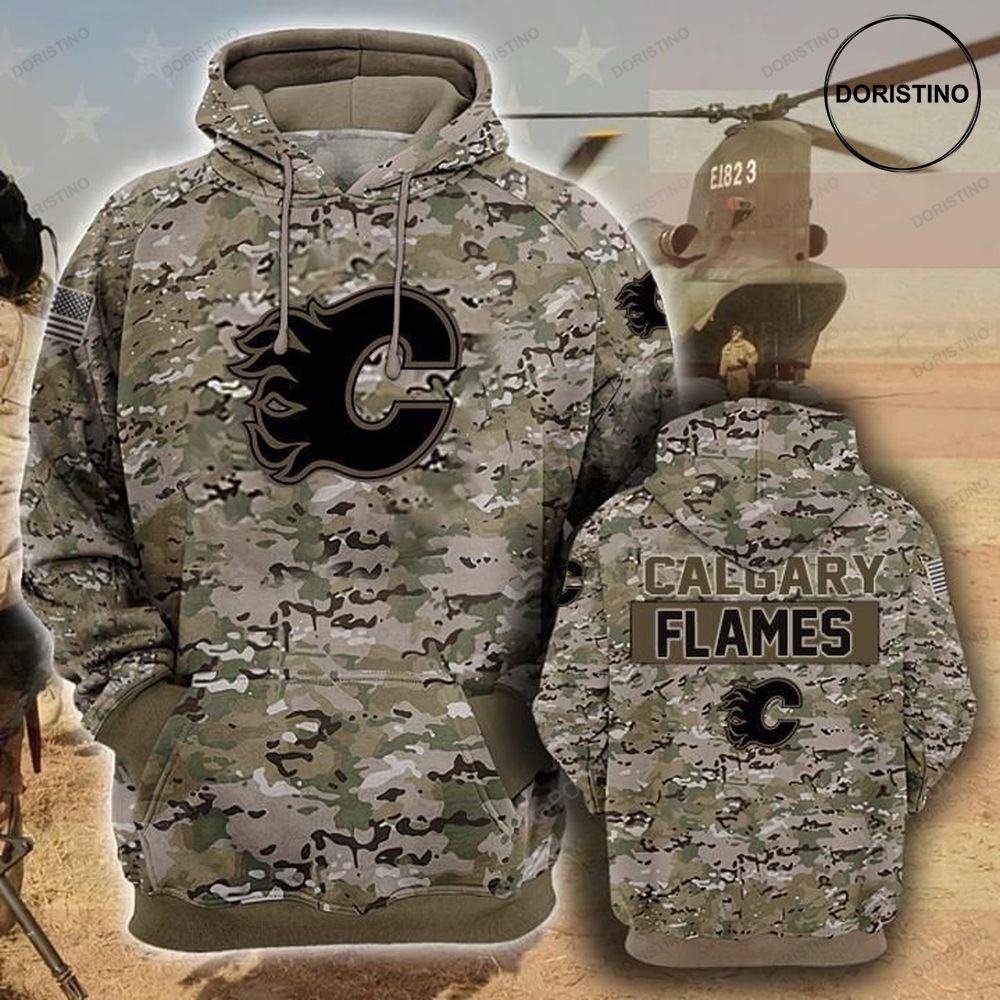 Calgary Flames Camouflage Veteran Cotton All Over Print Hoodie