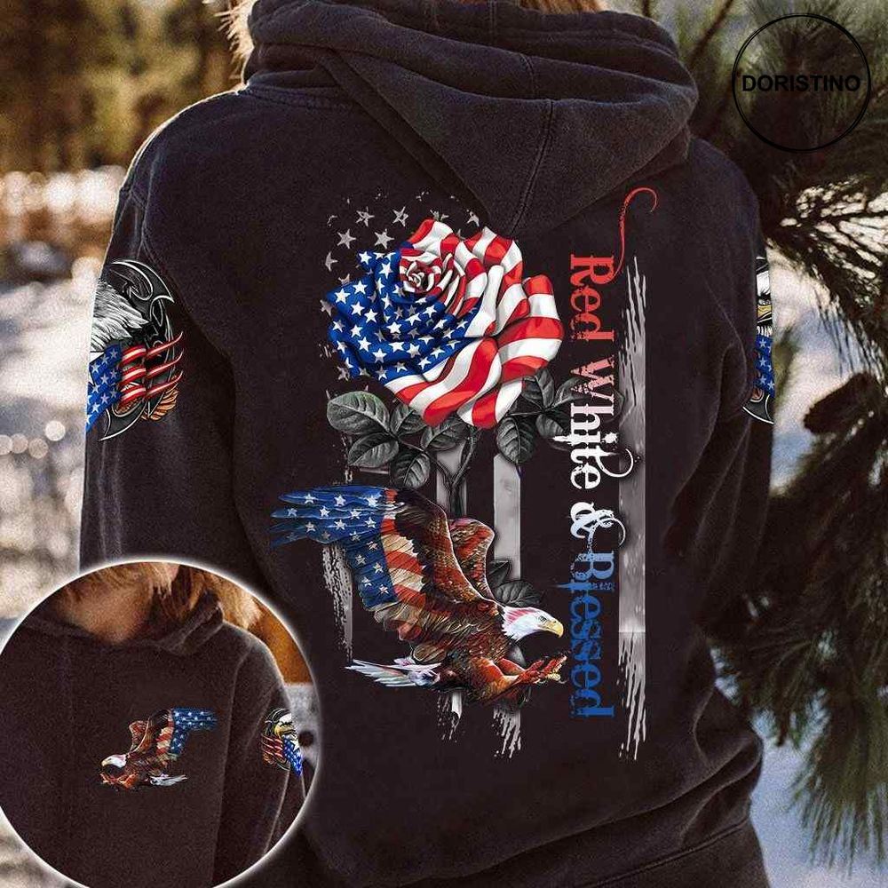 Eagle Red White Blessed Proud American All Over Print Hoodie