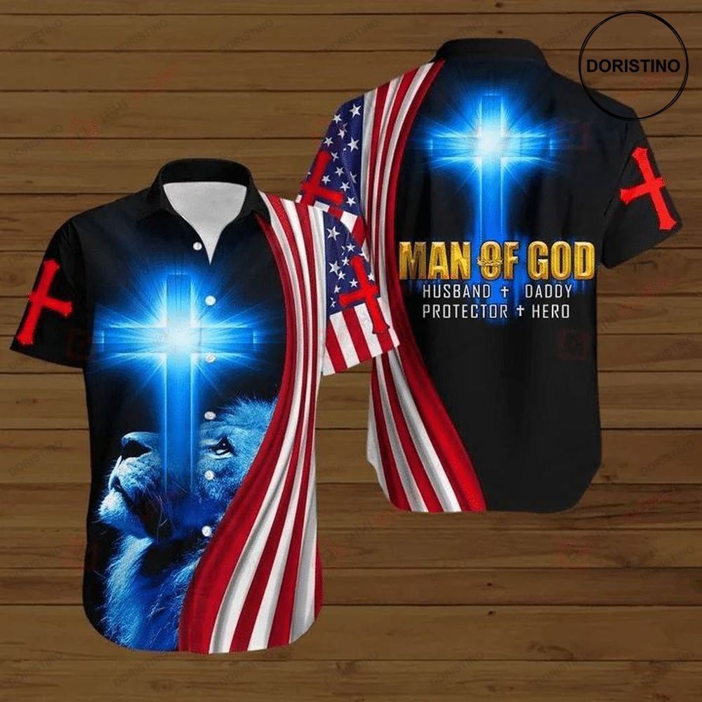 Lion Cross American Flags 4th Of July Independence Day Man Of God Husband Daddy Protector Hero Awesome Hawaiian Shirt