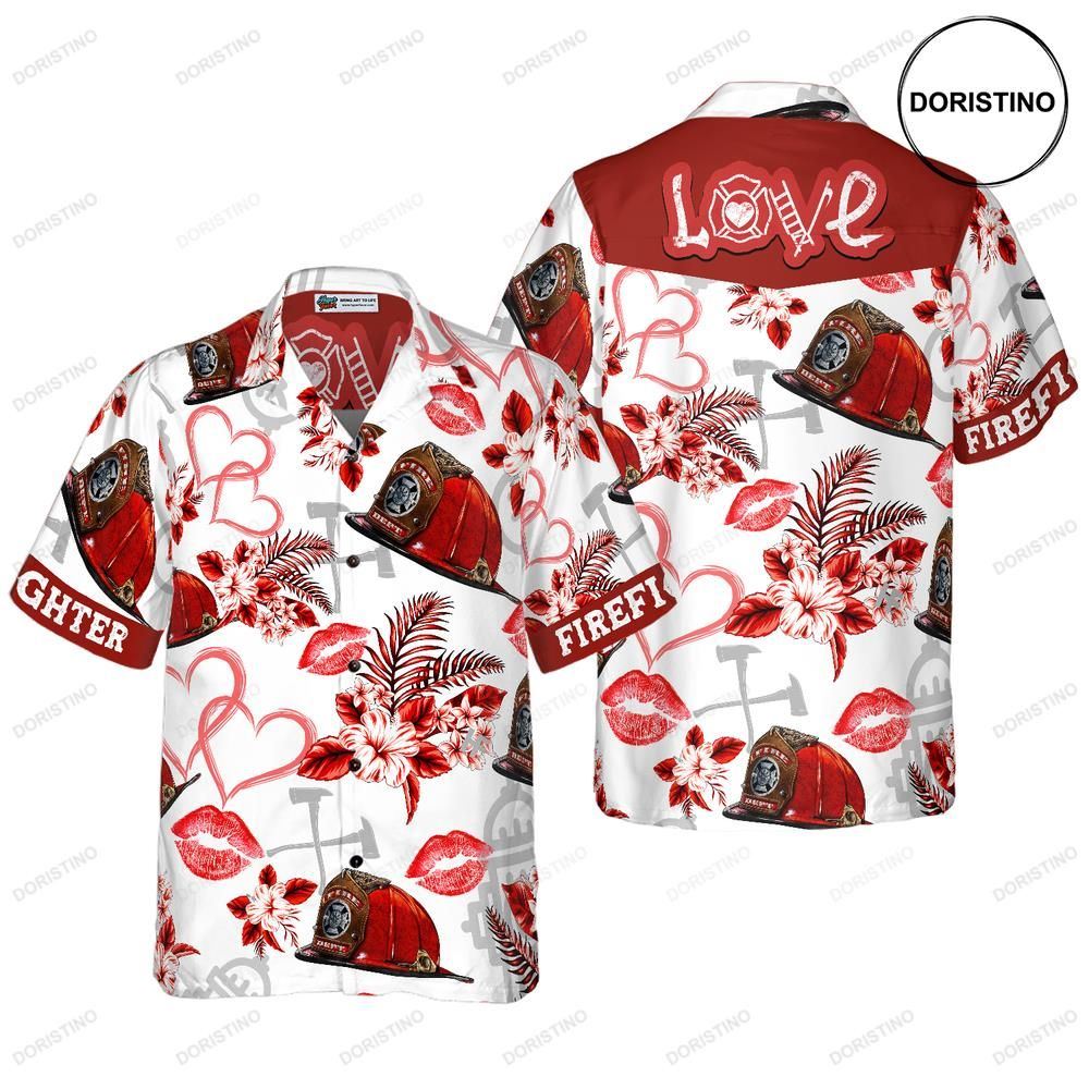 Love Firefighter Helmet Valentine Pink Heart Red Floral Firefighter Fo Hawaiian Shirt