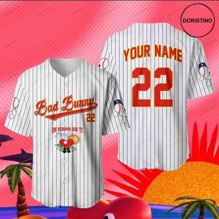 Custom Name And Number Bad Bunny Un Verano Sin Ti White Striped Doristino All Over Print Baseball Jersey