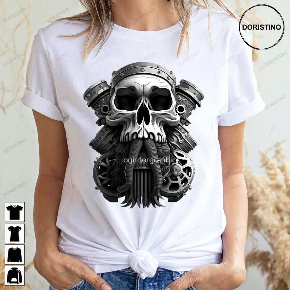 Skull Beard Dark Mechanic Piston Car Motorcycle Black White Awesome Shirts