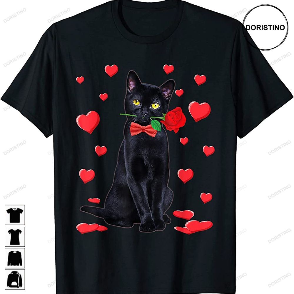 Black Cat With Rose Valentines Valentine Cat Lover Awesome Shirts