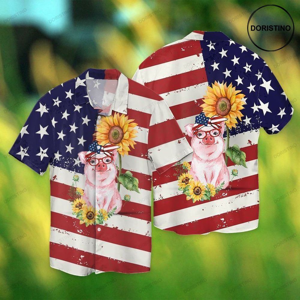 4th Of July Independence Day American Love Pig With Sunflower Awesome Hawaiian Shirt