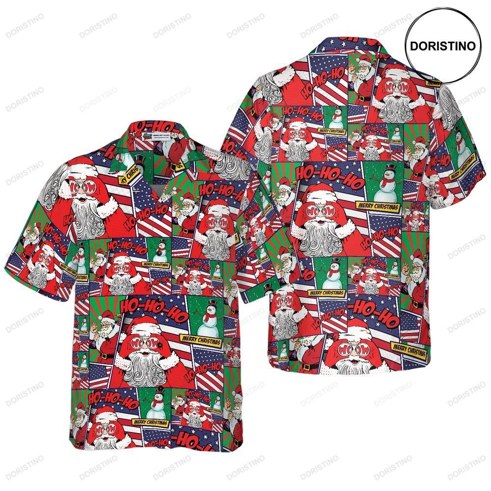Santa With American Flag Comic Short Sleeve Christmas Idea Gift Fo Hawaiian Shirt