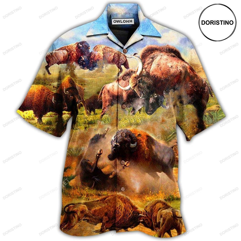 Bison Animals Bison In Wild Battle To Live Awesome Hawaiian Shirt
