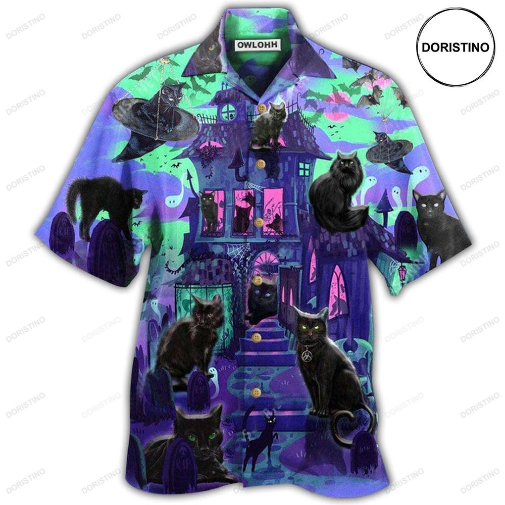 Black Cat In A Haunted House Awesome Hawaiian Shirt