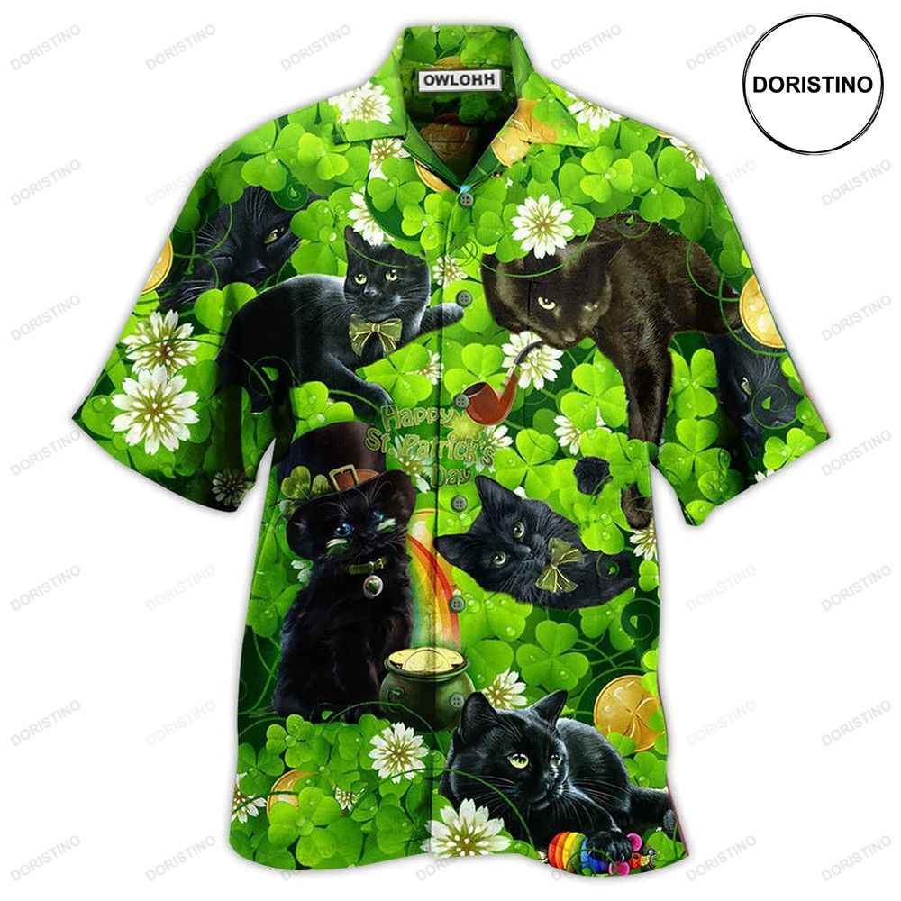 Black Cat Love Green Leaf Hawaiian Shirt