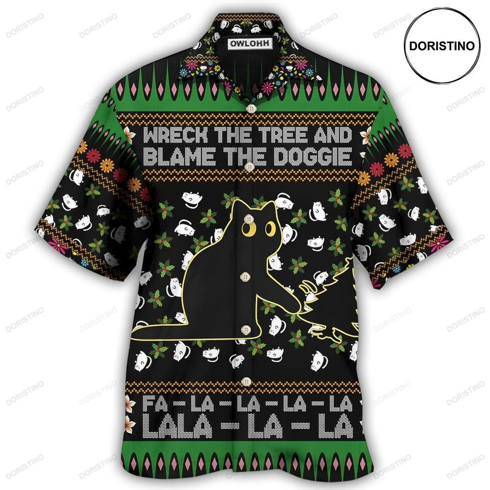 Black Cat Wreck The Tree And Blame The Doggie Merry Christmas Limited Edition Hawaiian Shirt