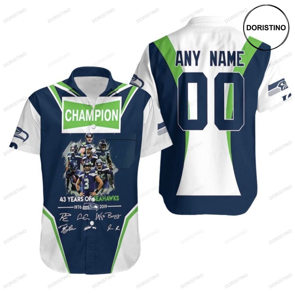 Seattle Seahawks Champion 43 Years Of Seahawks 1976 2019 Signatures Nfl 3d Custom Name Number For Seahawks Fans Limited Edition Hawaiian Shirt