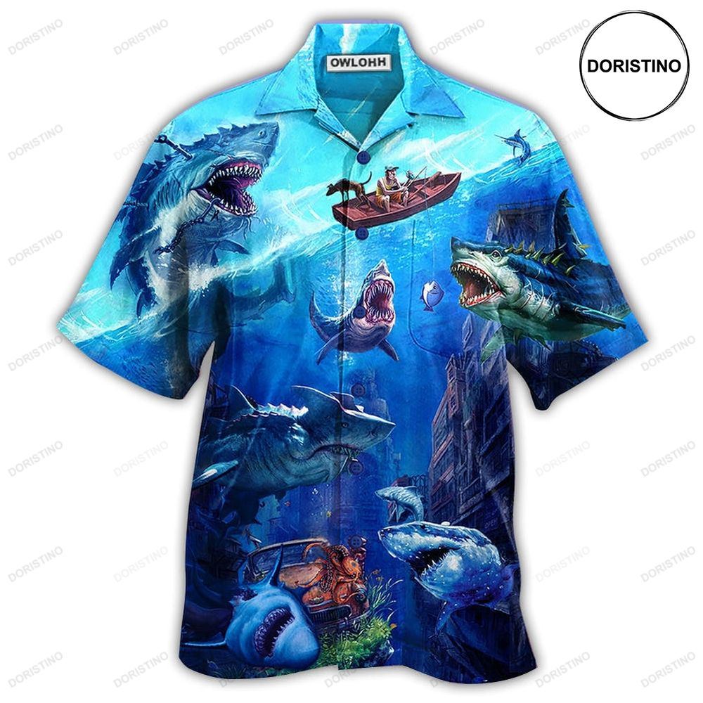 Shark Fishing Shark With Small Ship Blue Ocean Hawaiian Shirt