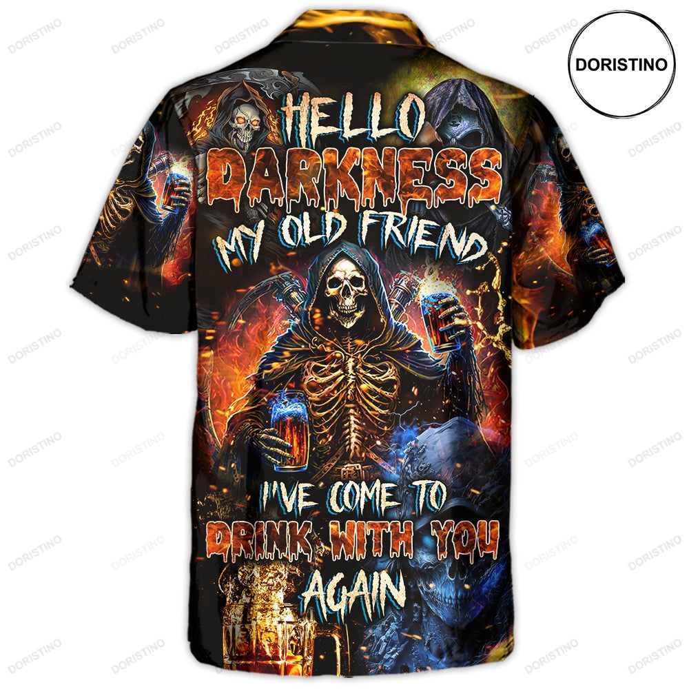 Skull Hello My Darkness My Old Friend I've Come To Drink With You Again Awesome Hawaiian Shirt
