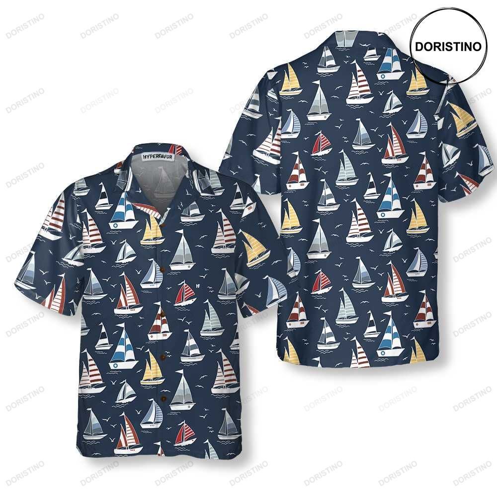 Cartoon Boat Pattern Short Sleeve Sailboa Unique Nautical Hawaiian Shirt