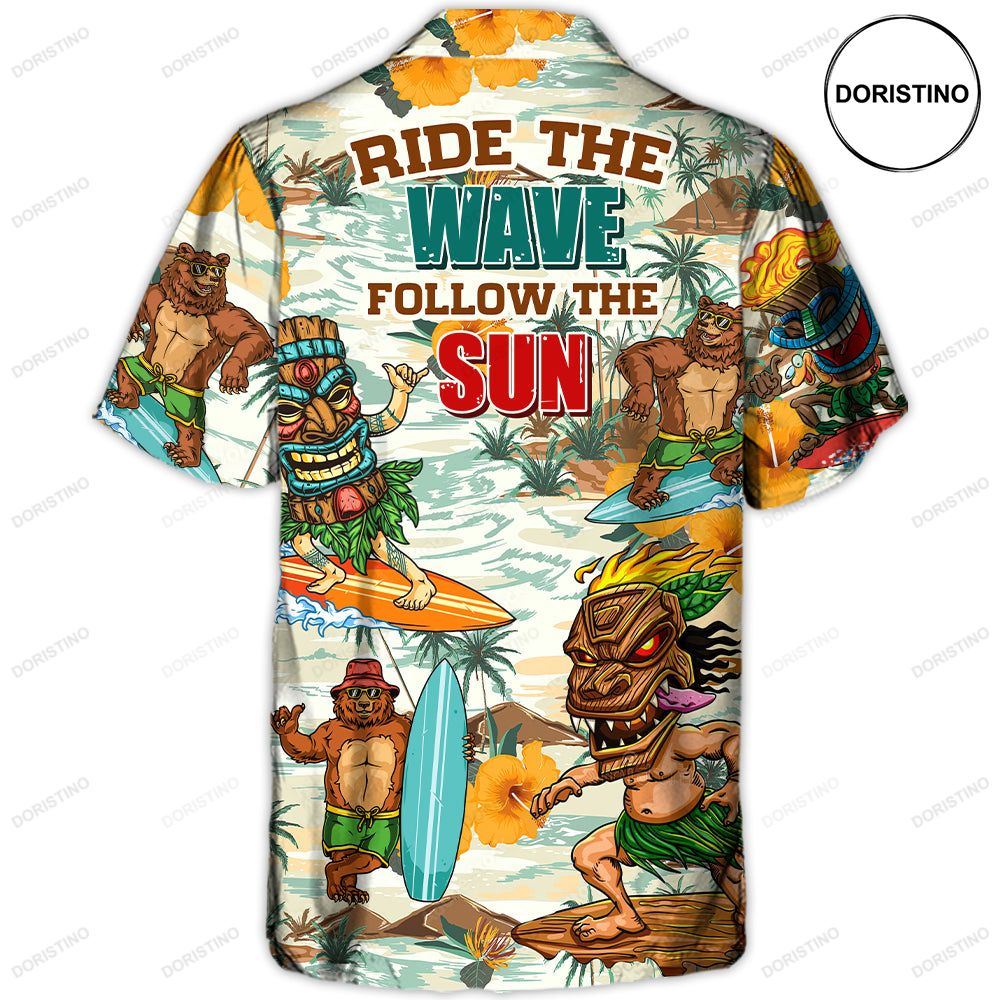 Surfing Funny Bear And Tiki Ride The Wave Follow The Sun Lovers Surfing Awesome Hawaiian Shirt