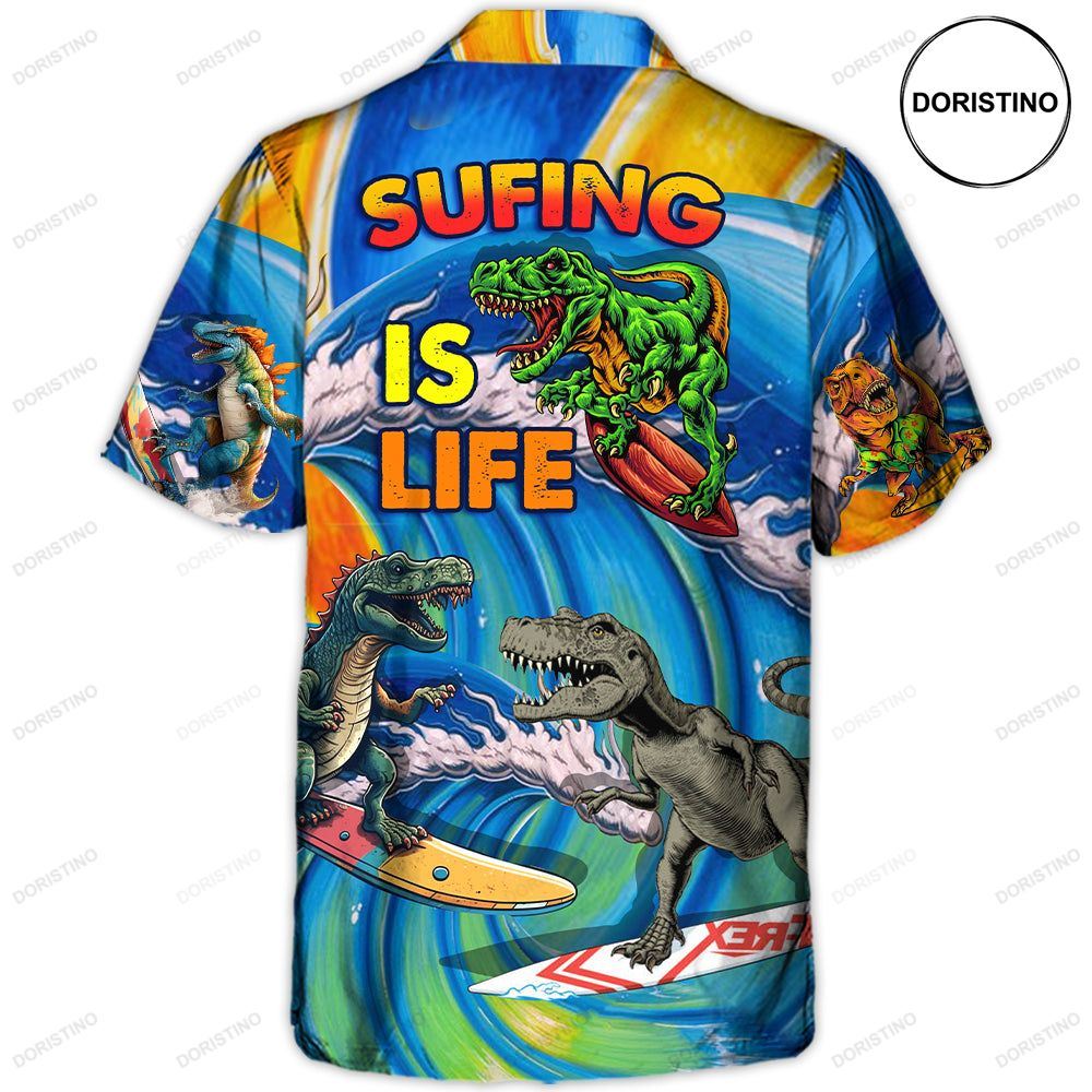 Surfing Funny Dinosaur Surfing Is Life Lovers Surfing Hawaiian Shirt