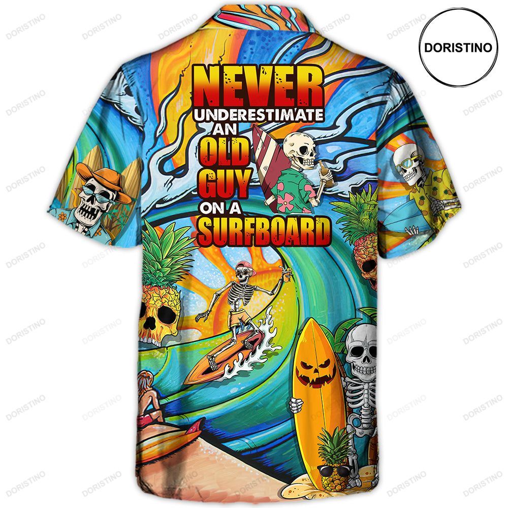Surfing Funny Skeleton Never Underestimate An Old Guy On A Surfboard Surfing Lovers Limited Edition Hawaiian Shirt
