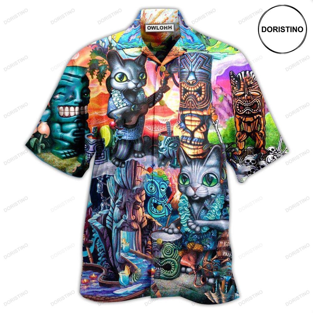 Tiki It's Time And Cat Awesome Hawaiian Shirt