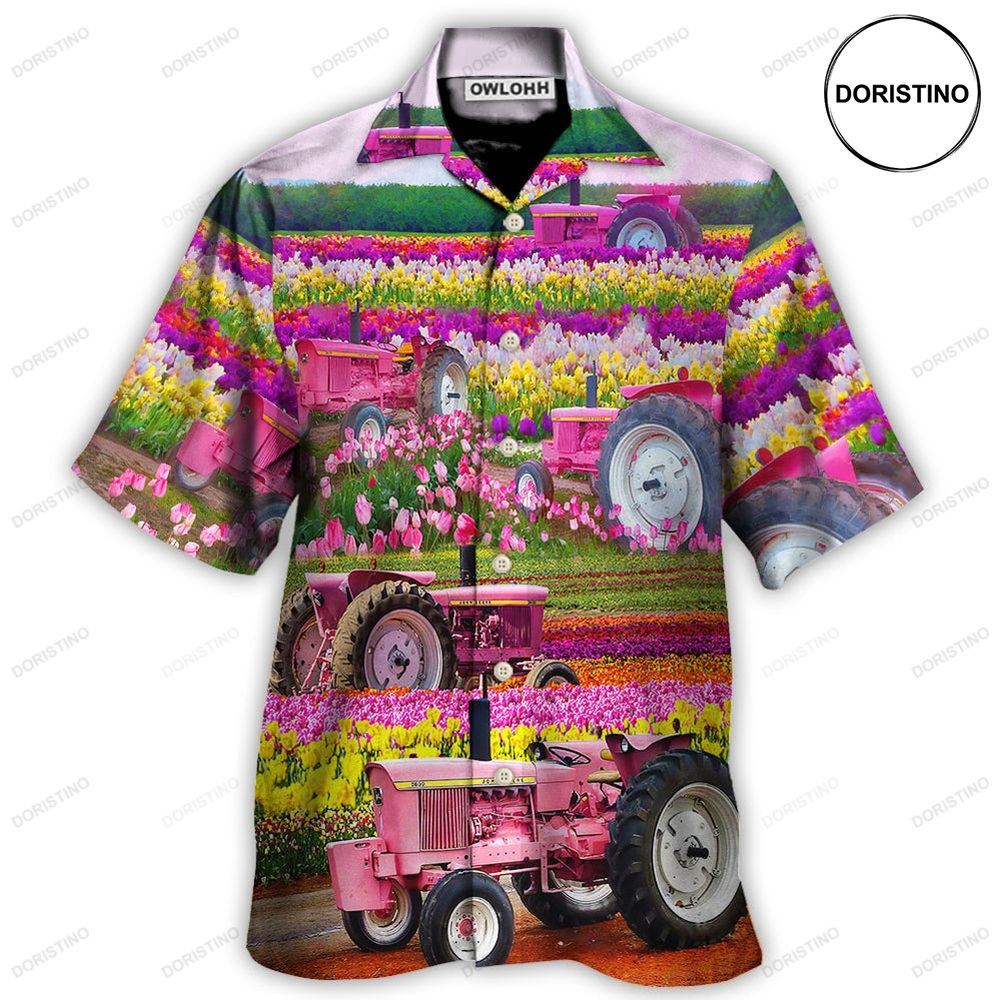 Tractor In Field Tulip Rural Landscape Majestically Awesome Hawaiian Shirt