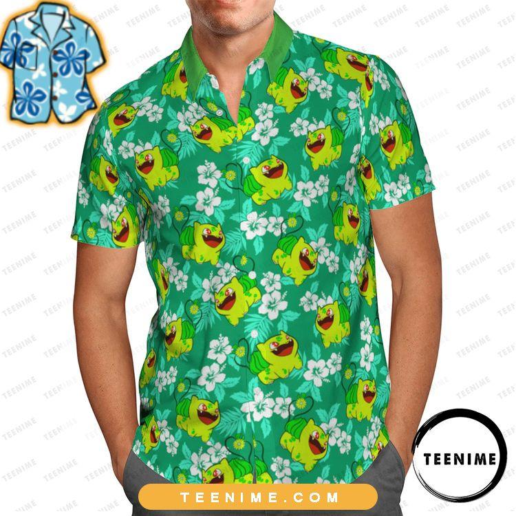 Pokemon Bulbasaur Tropical Hibiscus Full Printing Green Teenime Awesome Hawaiian Shirt