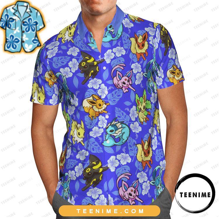 Pokemon Eevee Evolution Tropical Hibiscus Full Printing Blue Teenime Limited Edition Hawaiian Shirt