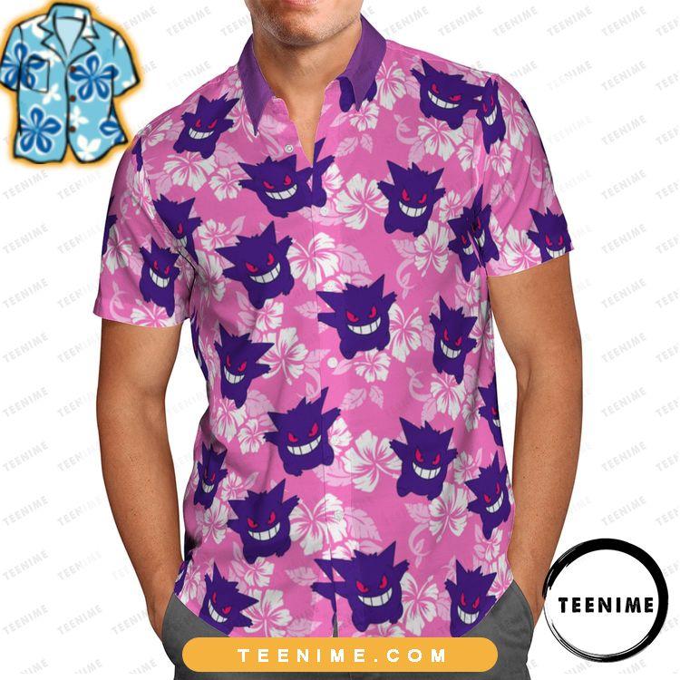 Pokemon Gengar Tropical Hibiscus Full Printing Pink Teenime Awesome Hawaiian Shirt
