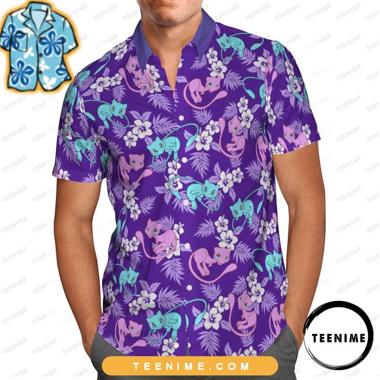 Pokemon Mew Mewtwo Tropical Flower Full Printing Purple Teenime Awesome Hawaiian Shirt