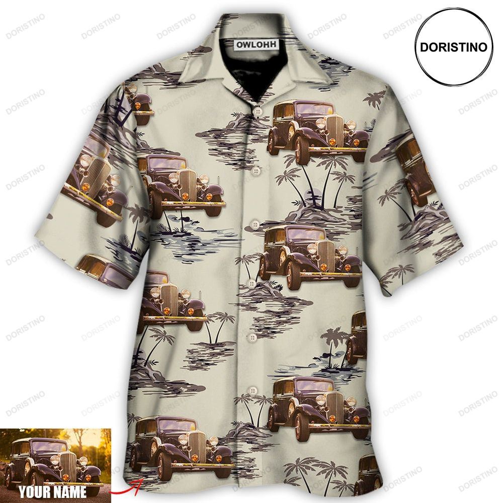 Vintage Car Deserted Island Pattern With Palm Trees Custom Photo Awesome Hawaiian Shirt