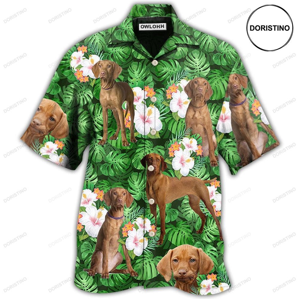 Vizsla Best Dog Dad Green Tropical Leaf Hawaiian Shirt