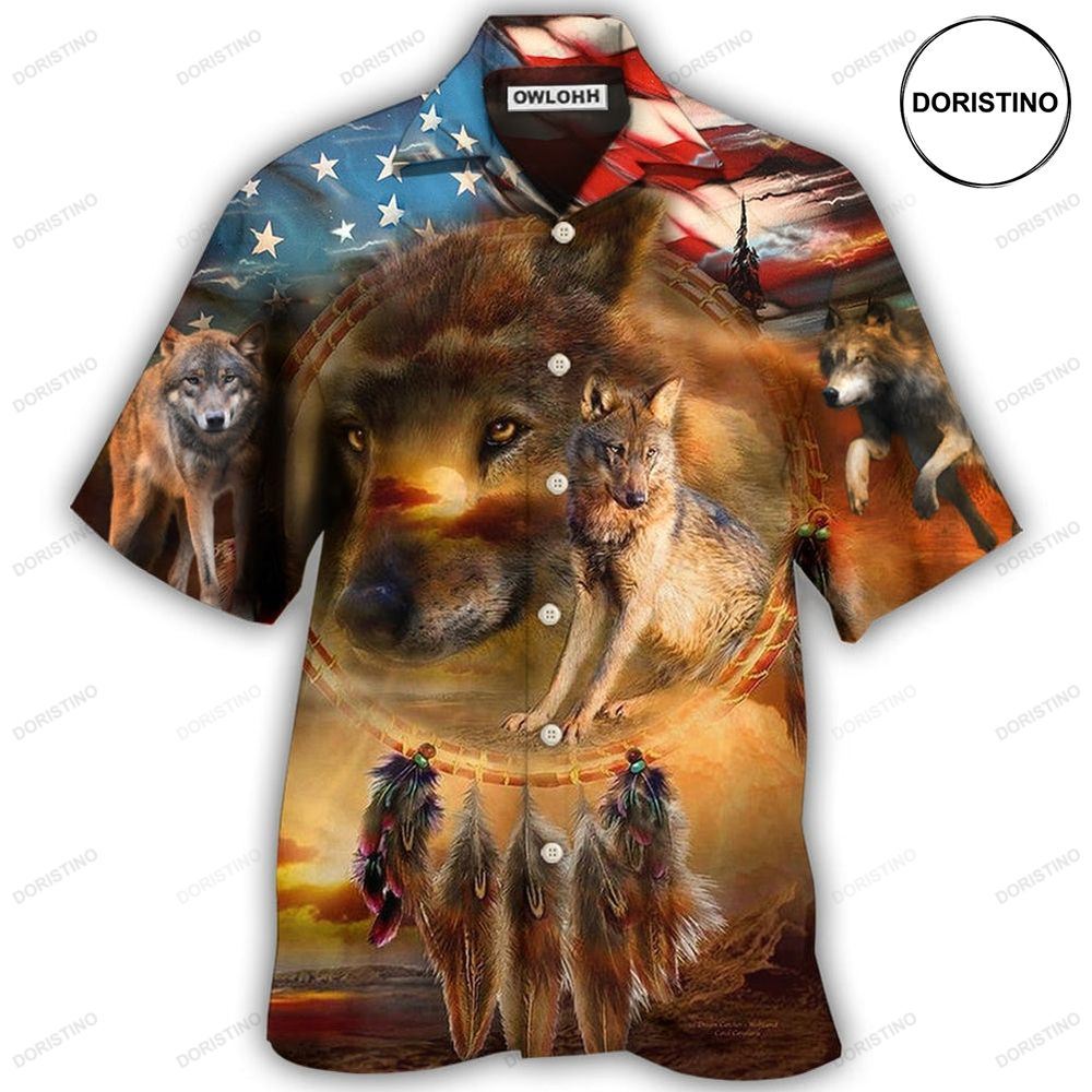 Wolf Independence Day Dreamcatcher American Flag Awesome Hawaiian Shirt