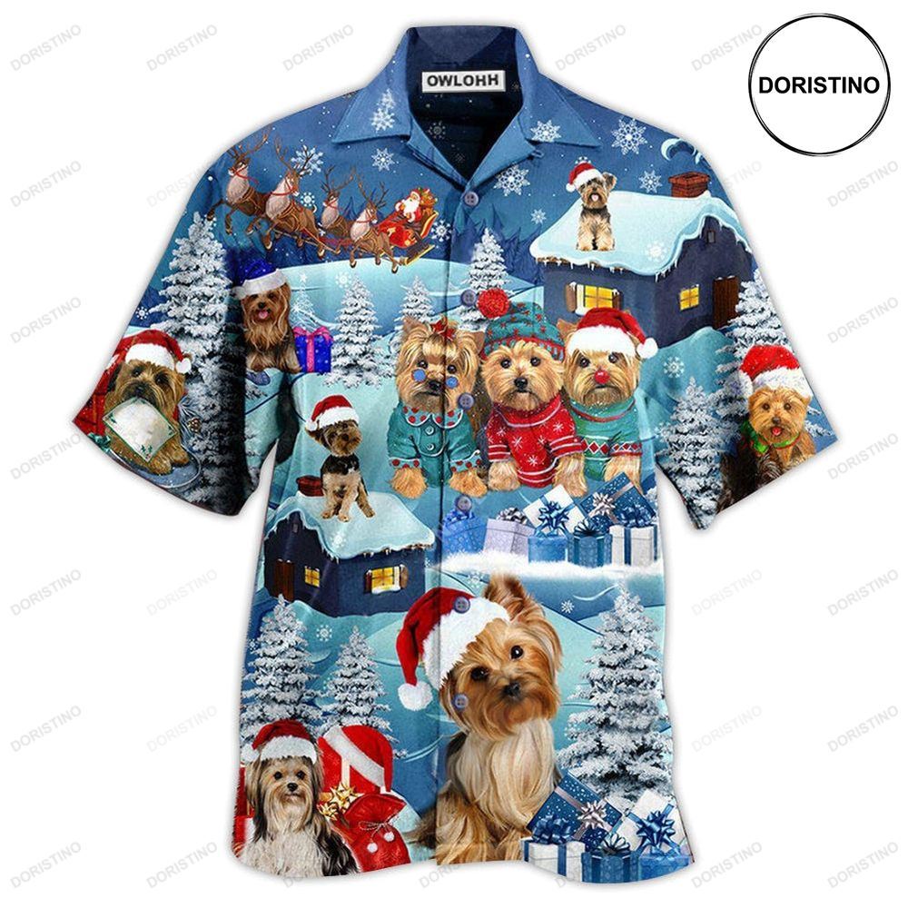 Yorkshire Terrier Through The Snow Merry Christmas Awesome Hawaiian Shirt