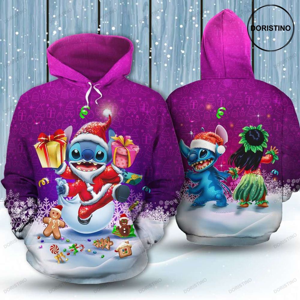 Stitch Lilo Santa Clause Purple All Over Print Hoodie