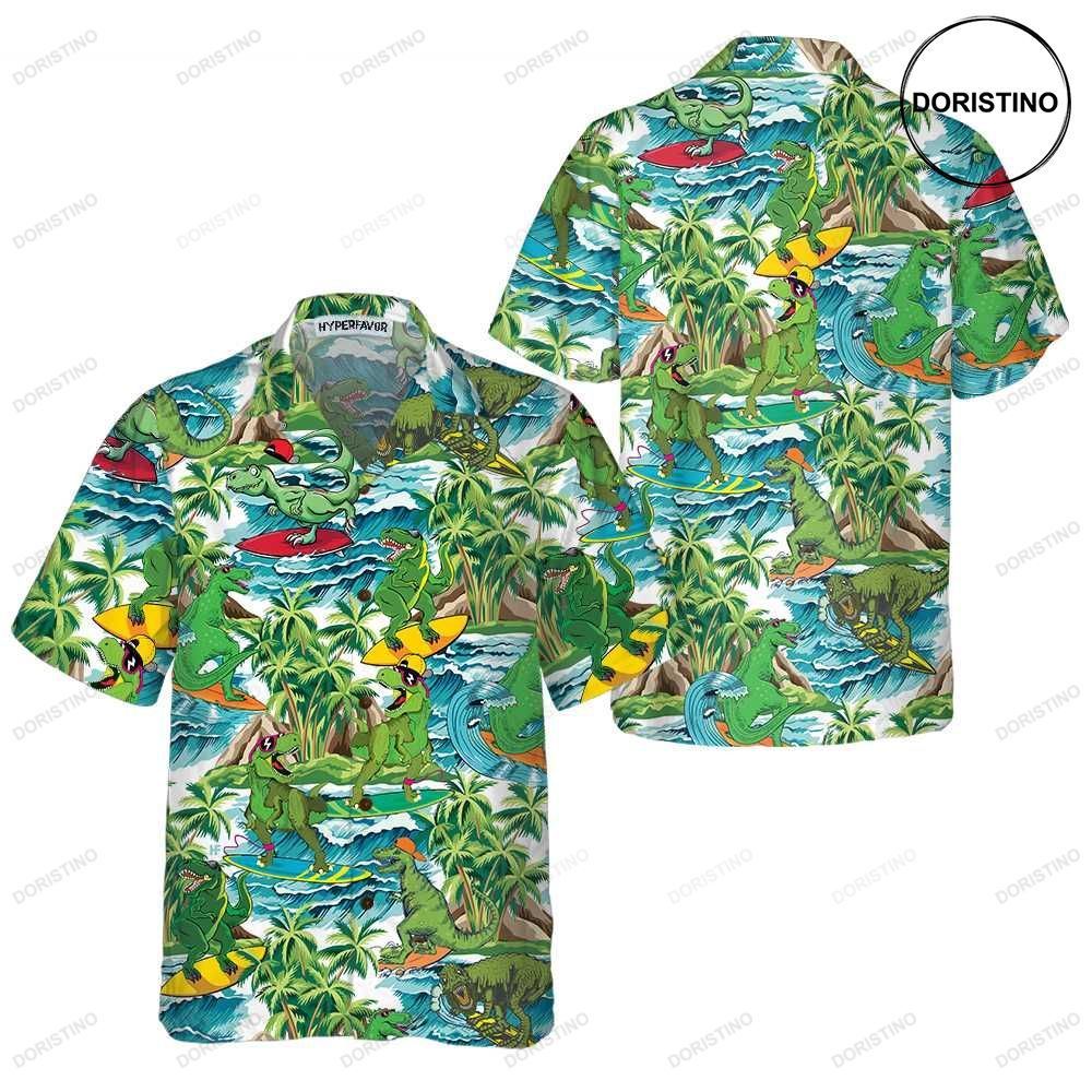 Surfing Dinosaur Funny Dinosaur Cool Printed Dino For Adults Hawaiian Shirt