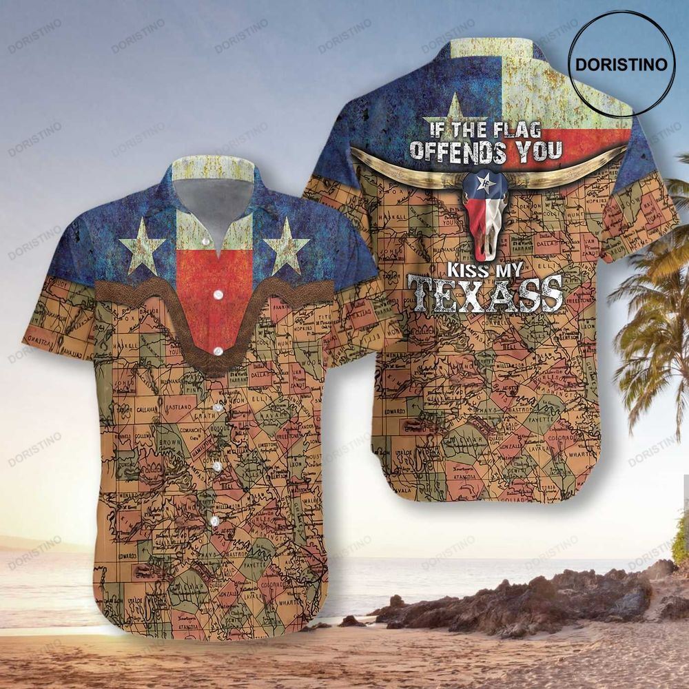 Texas Flag And Map Pattern If The Flag Offends You Kiss My Texass Texas Longhor Limited Edition Hawaiian Shirt