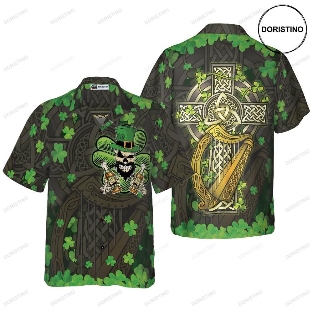 The Celtic Cross Harp Irish Skull Leprechaun Hawaiian Shirt