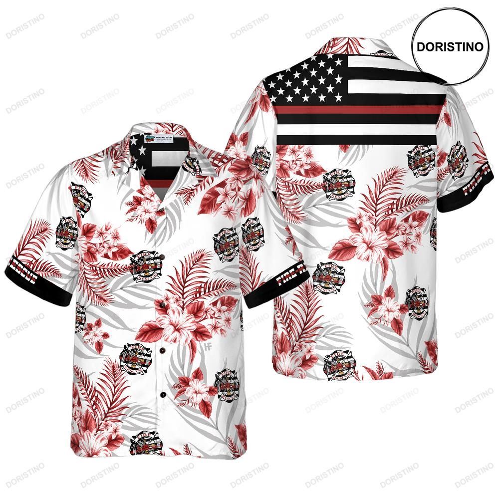 The Red Line Black American Flag Firefighter Red Texas Bluebonnet Fire Dept Logo Fire Awesome Hawaiian Shirt