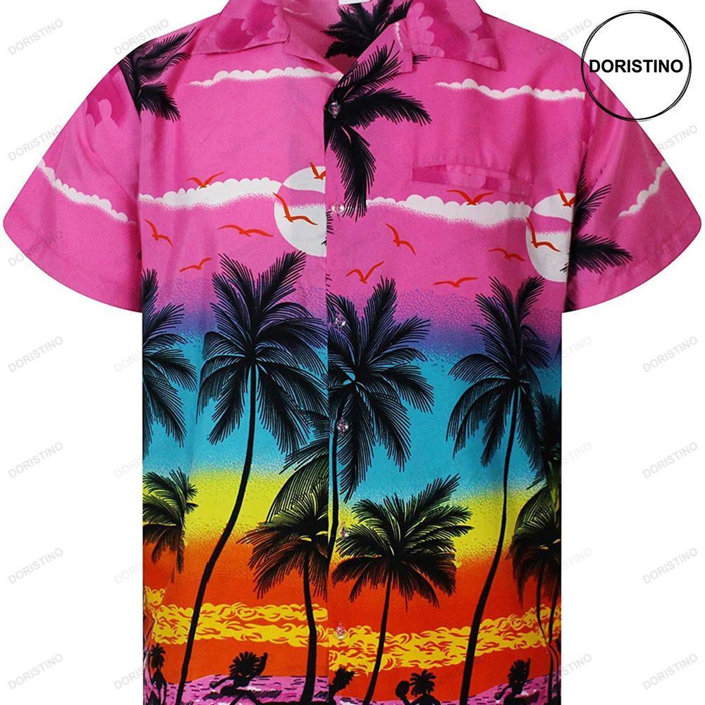 Tropical Beach Palm Sunset Pink Unisex Hawaiian Shirt