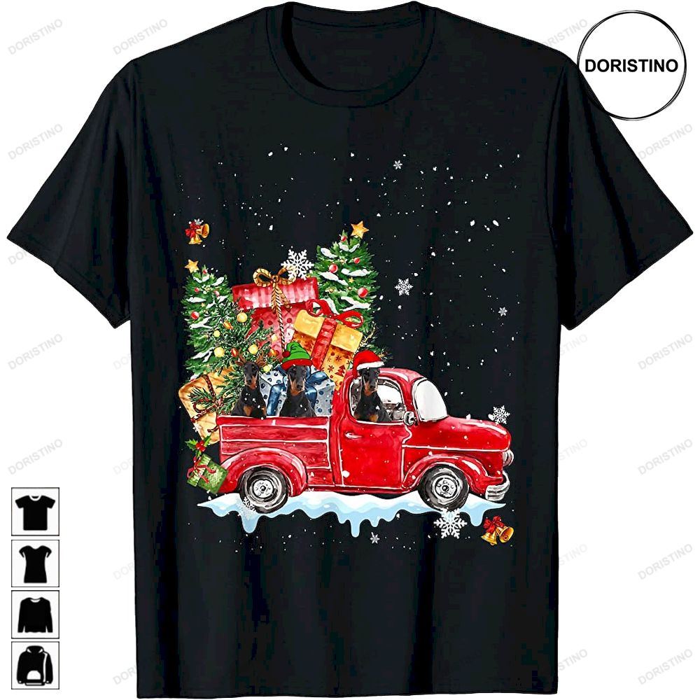 Doberman Riding Red Truck Christmas Gifts Dog Limited Edition T-shirts