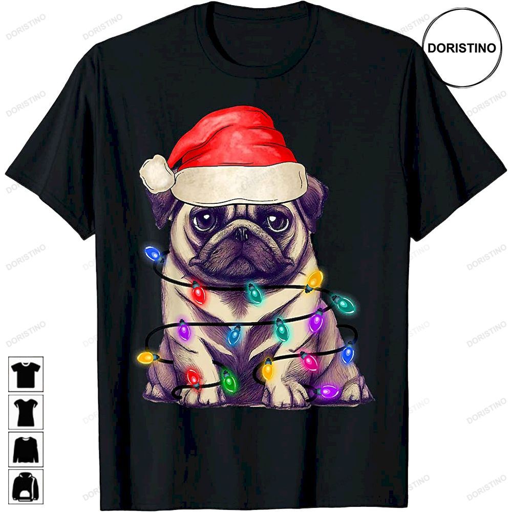 Dog Pug Santa Hat Merry Beautiful Christmas Tree Lights Limited Edition T-shirts