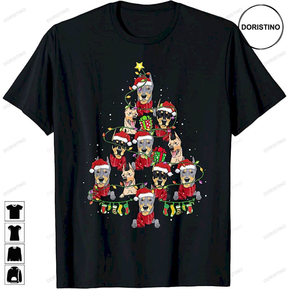 Dorberman Christmas Tree Dog Lights Matching Xmas Pajamas Limited Edition T-shirts