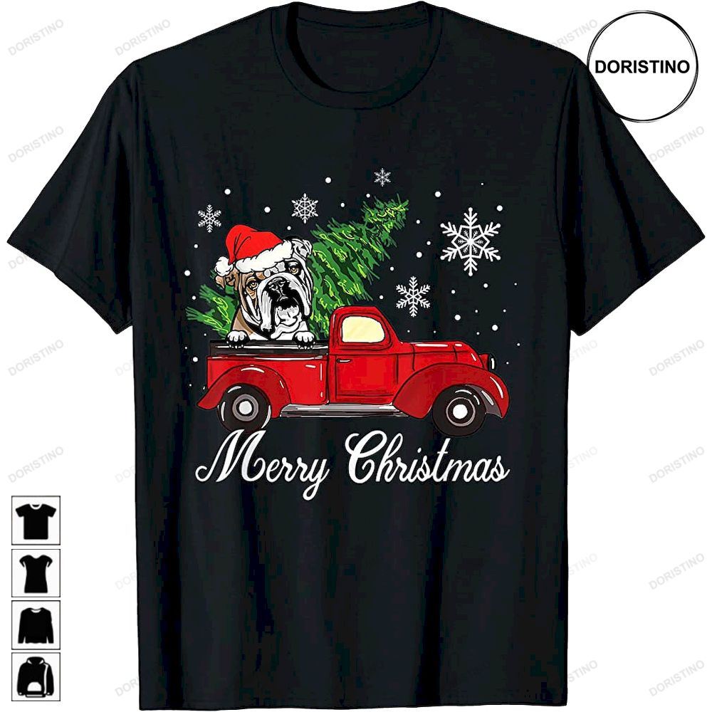 English Bulldog Dog Riding Red Truck Christmas Decorations Awesome Shirts