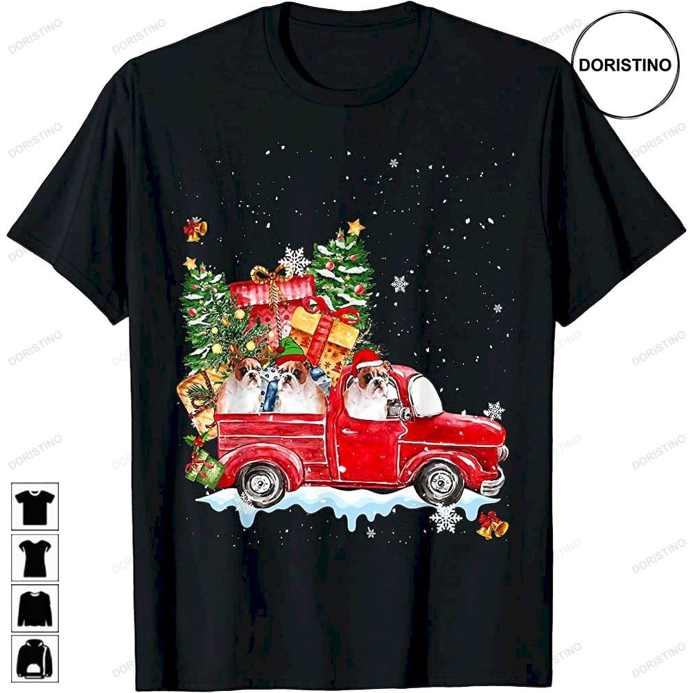 English Bulldog Riding Red Truck Christmas Gifts Dog Awesome Shirts