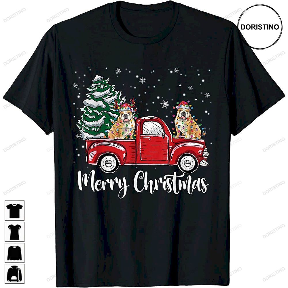 English Bulldog Riding Red Truck Christmas Tree Dog Lover Awesome Shirts