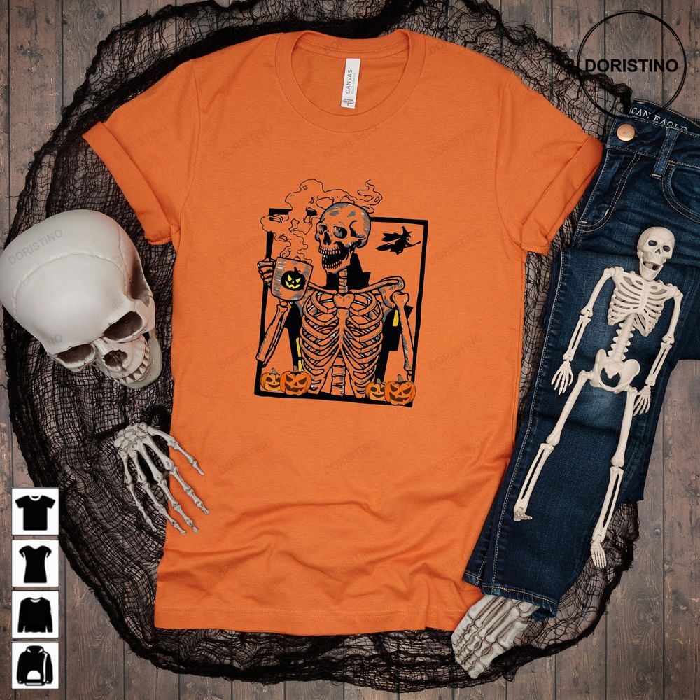 Hot Coffee Skeleton Halloween Theme Funny Halloween Gift Gothic Halloween Skeleton Hold A Coffee Trending Style