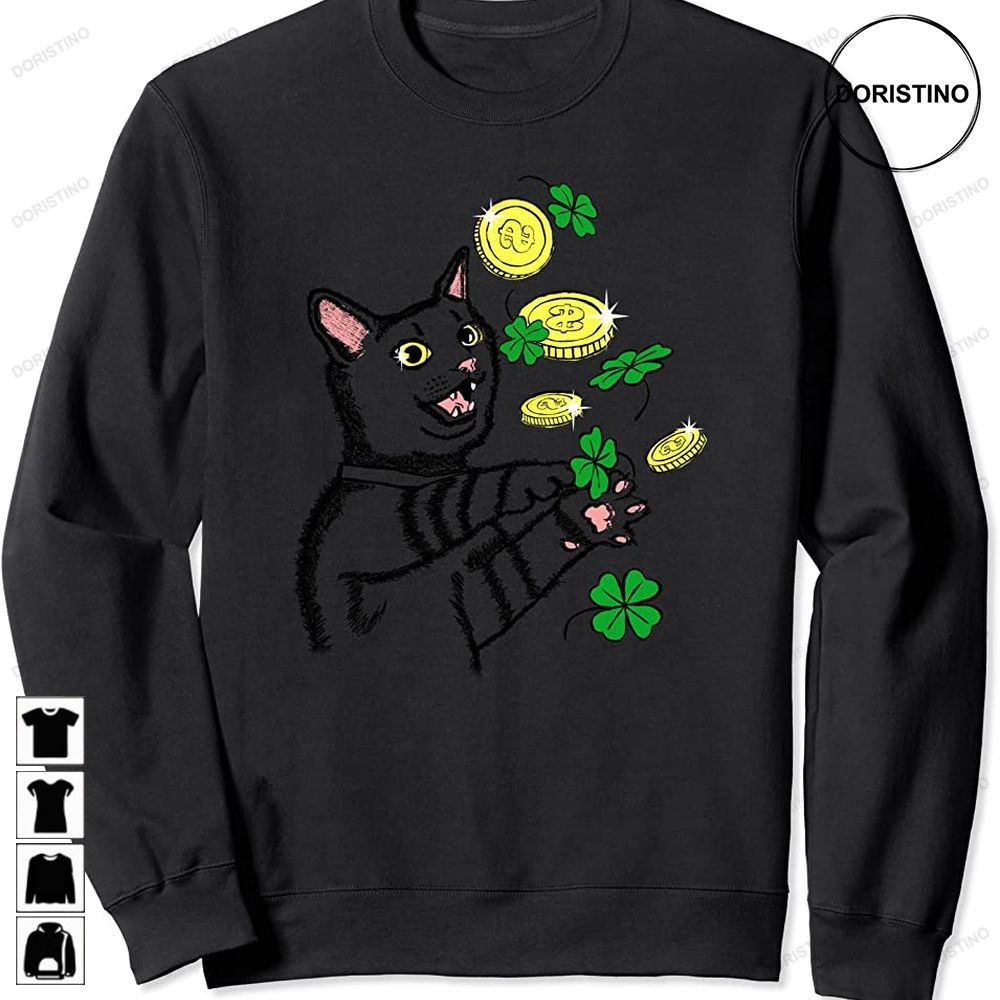 Cat Seeing Gold Coins And Clovers Falling St Patricks Day Awesome Shirts