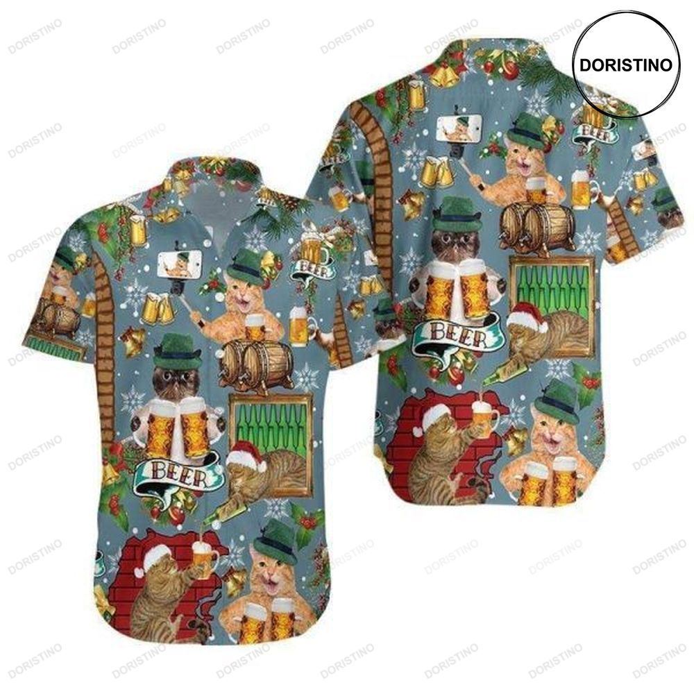 Cat Drinking Beer Merry Christmas Hawaii Limited Edition Hawaiian Shirt