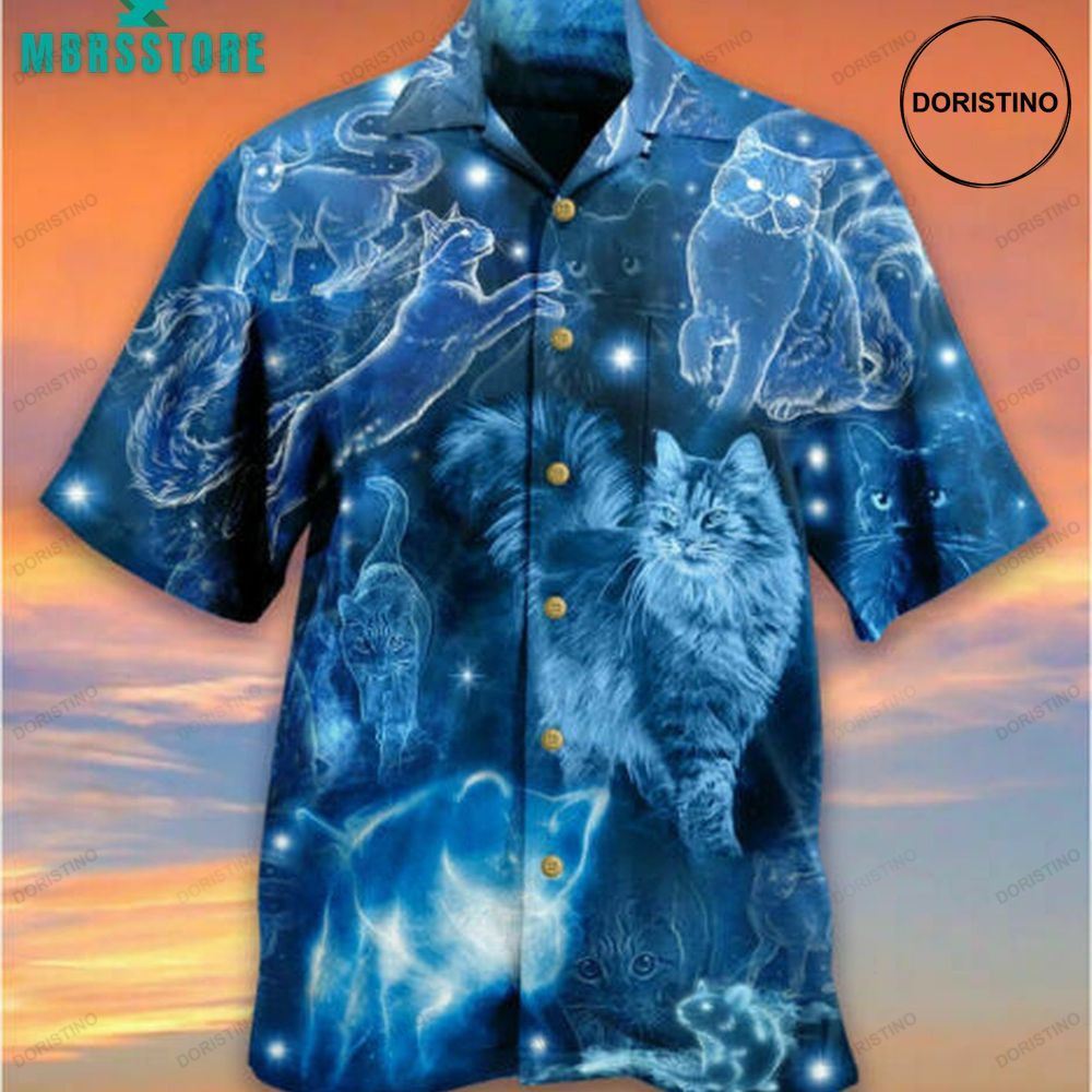 Cats Love Blue Neon Vintage Beach Button Down Hawaiian Shirt