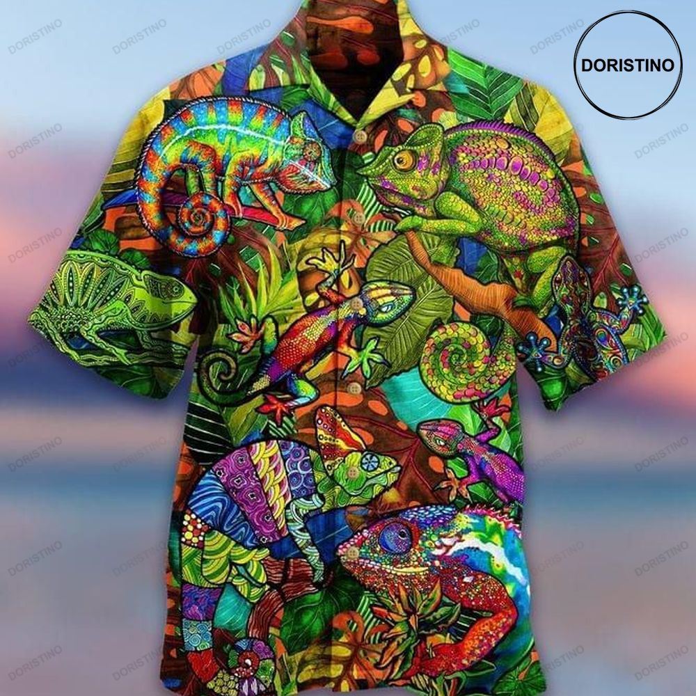 Chameleon Tropical Flowers Print Hawaiian Shirt