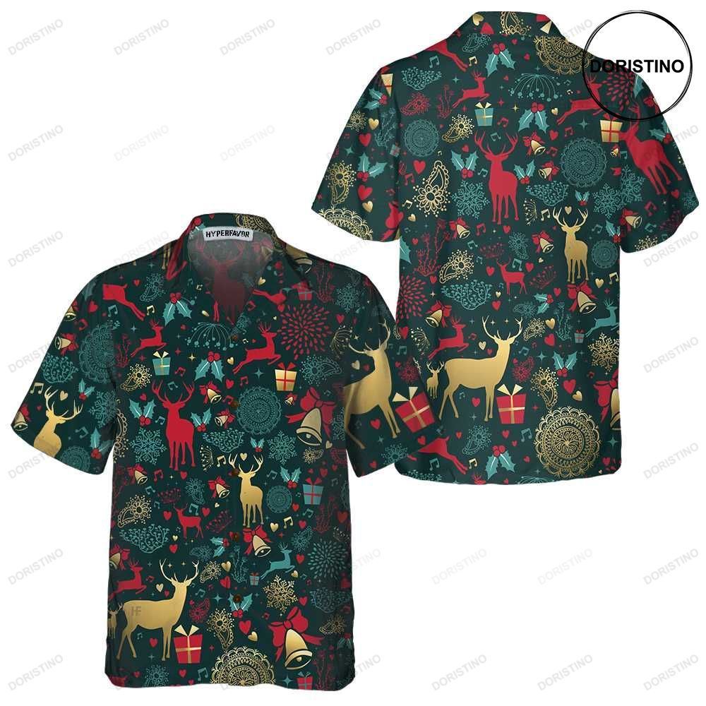 Christmas Golden Deer Pattern Christmas Reindeer Best Xmas Gift Idea Awesome Hawaiian Shirt